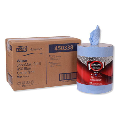 Image of Tork® 450338 Advanced ShopMax Wiper 450, Centerfeed Refill, 9.9 x 13.1, Blue, 200/Roll, 2 Rolls/Carton