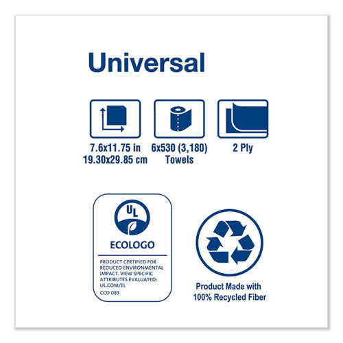 Image of Tork® RC530 Centerfeed Hand Towel, 2-Ply, 7.6 X 11.75, White, 530/roll, 6 Roll/carton