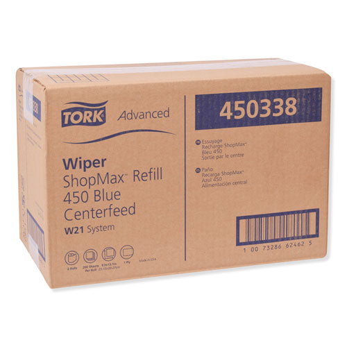 Image of Tork® 450338 Advanced ShopMax Wiper 450, Centerfeed Refill, 9.9 x 13.1, Blue, 200/Roll, 2 Rolls/Carton