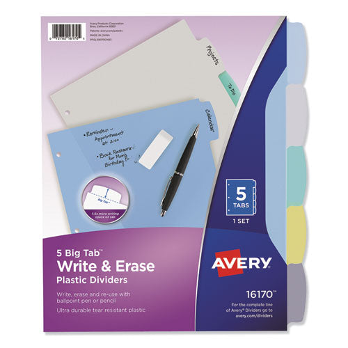 Image of Avery® 16170 Write and Erase Big Tab Durable Plastic Dividers, 3-Hole Punched, 5-Tab, 11 x 8.5, Assorted, 1 Set