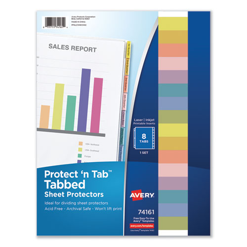 Image of Avery® 74161 Protect 'n Tab Sheet Protectors, 8-Tabs, Heavy-Duty, Side: 3-Hole Punched, Top Load 8.5 x 11 Insert, Clear, 8/Set