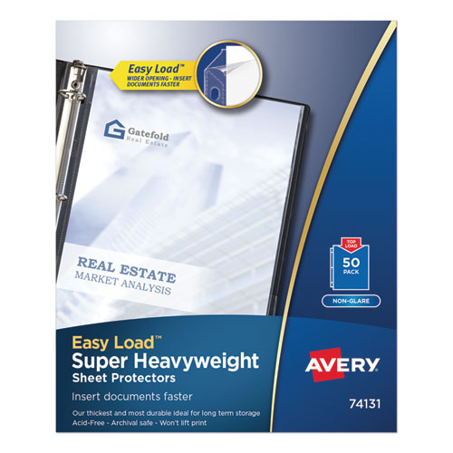 Image of Avery® 74131 Super Heavyweight Easy Load Non-Glare Sheet Protector, Side: 3-Hole Punched, Top Load 8.5 x 11 Insert, Clear Front, 50/Box