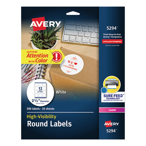 Image of Avery® 05294 Permanent Laser Print-To-The-Edge Id Labels W/surefeed, 2 1/2"dia, White, 300/pk