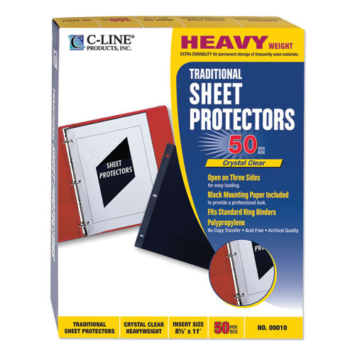 Image of C-Line® 00010 Traditional Sheet Protectors, Heavy-Duty, Side: 3-Hole Punched, Side/Side/Top Load 8.5 x 11 Insert, Clear Front, 50/Box