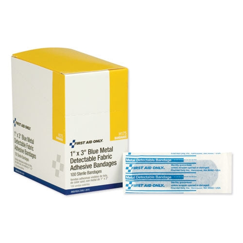 Image of First Aid Only H175 Adhesive Blue Metal Detectable Bandages, 1 X 3, Plastic With Foil, 100/box, 12 Boxes/carton
