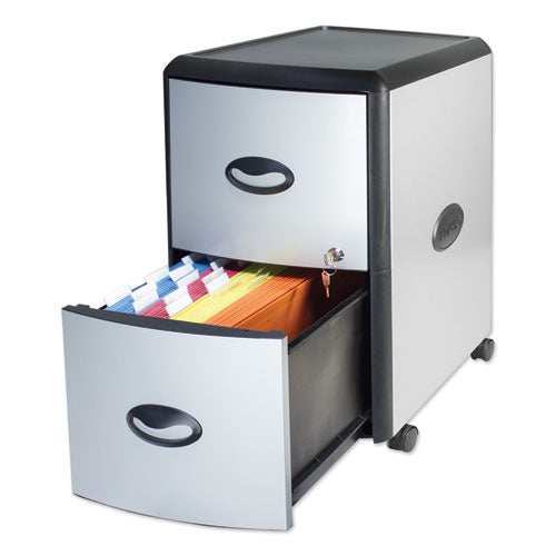 Image of Storex 61351U01C Mobile Filing Cabinet With Metal Siding, 2 Letter-Size File Drawers, Silver/black, 19" X 15" X 23"
