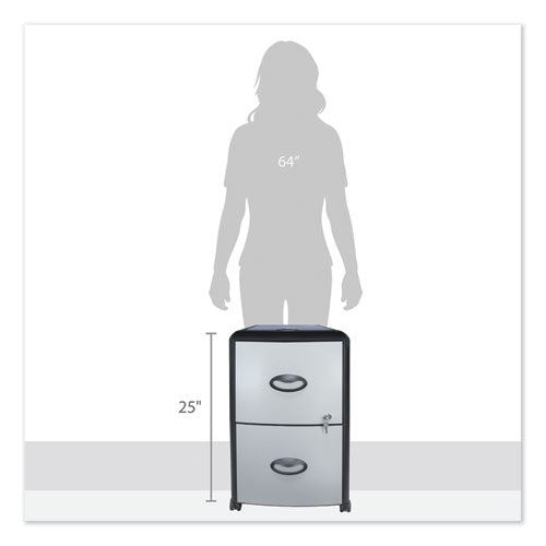 Image of Storex 61352U01C Mobile Filing Cabinet With Metal Siding And Top-Drawer Organizer Tray, 2 Letter File Drawers, Silver/black, 19" X 15" X 23"