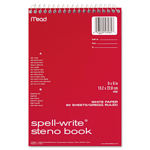 Image of Mead® 43082 Spell-Write Wirebound Steno Pad, Randomly Assorted Cover Colors, Gregg Rule, (80) White 6 x 9 Sheets