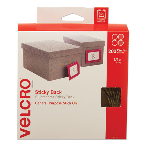 Image of VELCRO® Brand 90140 Sticky-Back Fasteners With Dispenser Box, Removable Adhesive, 0.75" Dia, Beige, 200/roll