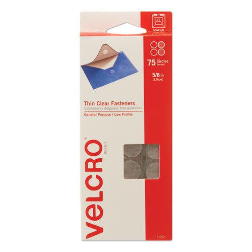 Image of VELCRO® Brand 91302 Sticky-Back Fasteners, Removable Adhesive, 0.63" Dia, Clear, 75/pack