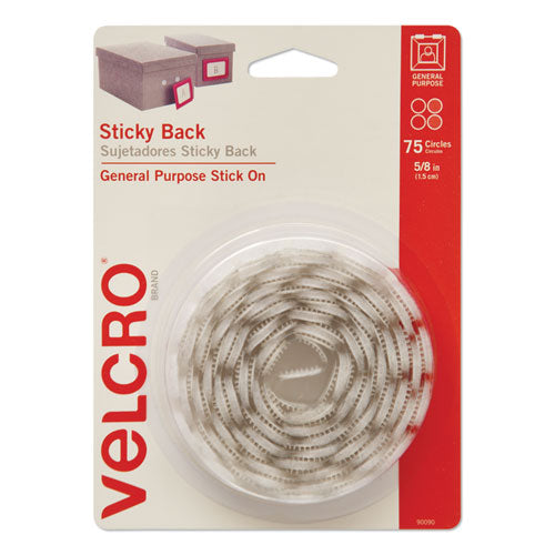 Image of VELCRO® Brand 90090 Sticky-Back Fasteners, Removable Adhesive, 0.63" Dia, White, 75/pack