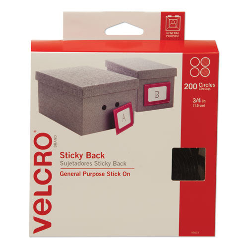 Image of VELCRO® Brand 91823 Sticky-Back Fasteners, Removable Adhesive, 0.75" Dia, Black, 200/box