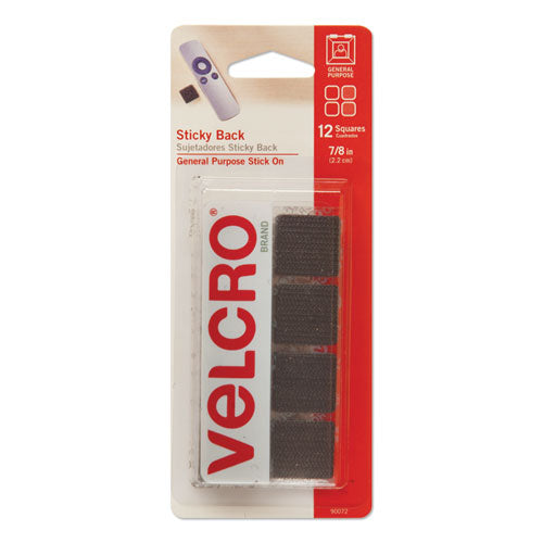 Image of VELCRO® Brand 90072 Sticky-Back Fasteners, Removable Adhesive, 0.88" X 0.88", Black, 12/pack