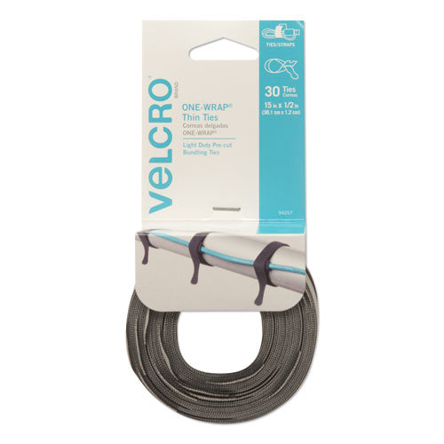Image of VELCRO® Brand 94257 One-Wrap Pre-Cut Thin Ties, 0.5" X 15", Black/gray, 30/pack