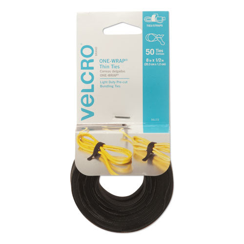 Image of VELCRO® Brand VEL95172 One-Wrap Pre-Cut Thin Ties, 0.5" X 8", Black, 50/pack