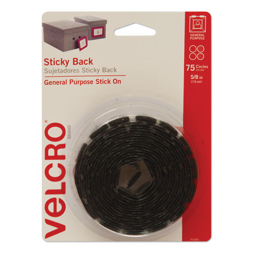 Image of VELCRO® Brand 90089 Sticky-Back Fasteners, Removable Adhesive, 0.63" Dia, Black, 75/pack