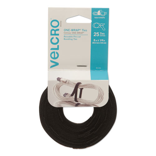 Image of VELCRO® Brand 91141 One-Wrap Pre-Cut Thin Ties, 0.25" X 8", Black, 25/pack