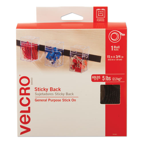 Image of VELCRO® Brand 90081 Sticky-Back Fasteners With Dispenser, Removable Adhesive, 0.75" X 15 Ft, Black