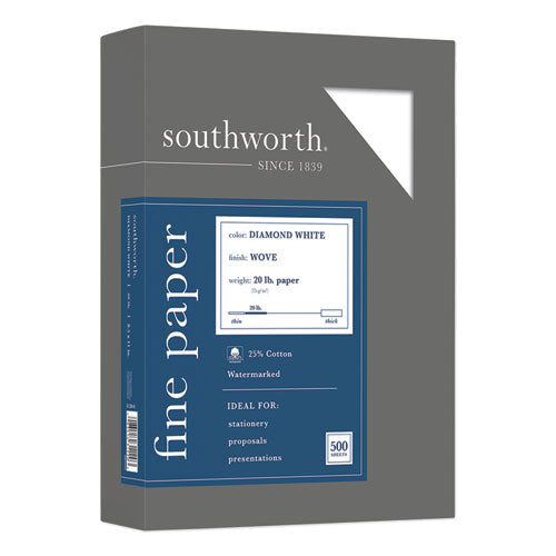 Image of Southworth® 31-220-10 25% Cotton Diamond White Business Paper, 95 Bright, 20 lb Bond Weight, 8.5 x 11, 500/Ream