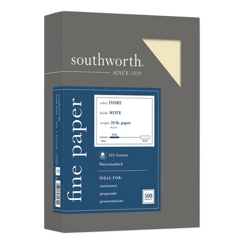 Image of Southworth® 404IC 25% Cotton Business Paper, 95 Bright, 24 lb Bond Weight, 8.5 x 11, Ivory, 500 Sheets/Ream