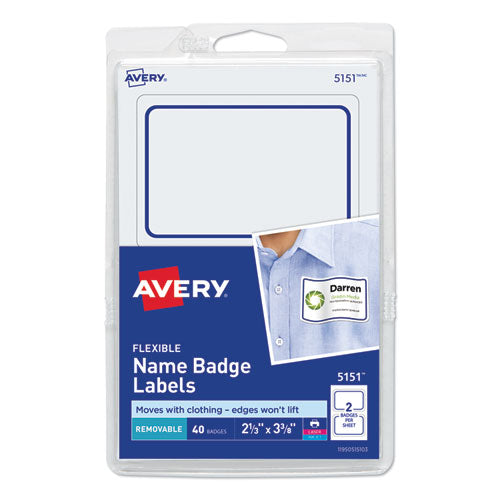 Image of Avery® AVE5151 Flexible Adhesive Name Badge Labels, 3.38 X 2.33, White/blue Border, 40/pack
