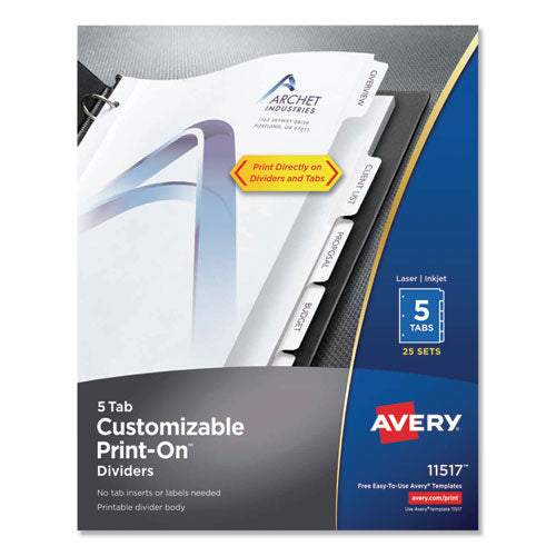 Image of Avery® 11517 Customizable Print-On Dividers, 3-Hole Punched, 5-Tab, 11 x 8.5, White, 25 Sets
