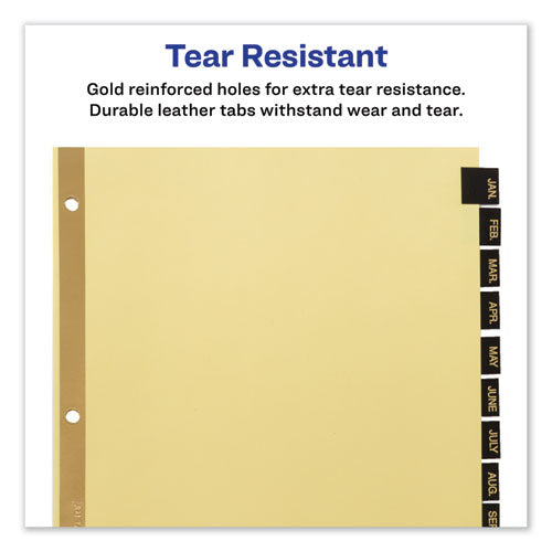 Image of Avery® 11351 Preprinted Black Leather Tab Dividers w/Gold Reinforced Edge, 12-Tab, Jan. to Dec., 11 x 8.5, Buff, 1 Set