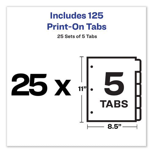 Image of Avery® 11517 Customizable Print-On Dividers, 3-Hole Punched, 5-Tab, 11 x 8.5, White, 25 Sets