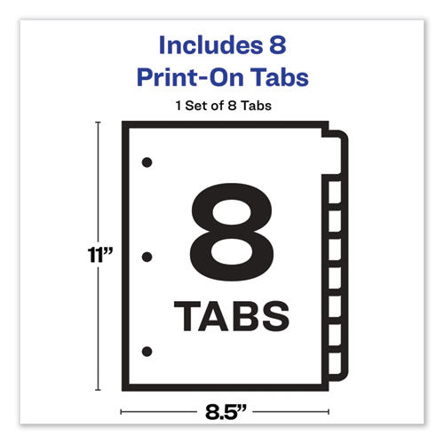 Image of Avery® 11528 Customizable Print-On Dividers, 3-Hole Punched, 8-Tab, 11 x 8.5, White, 1 Set