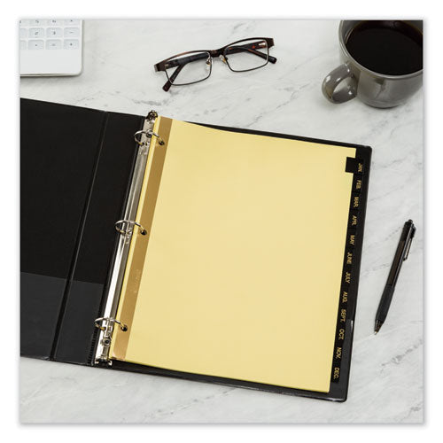 Image of Avery® 11351 Preprinted Black Leather Tab Dividers w/Gold Reinforced Edge, 12-Tab, Jan. to Dec., 11 x 8.5, Buff, 1 Set
