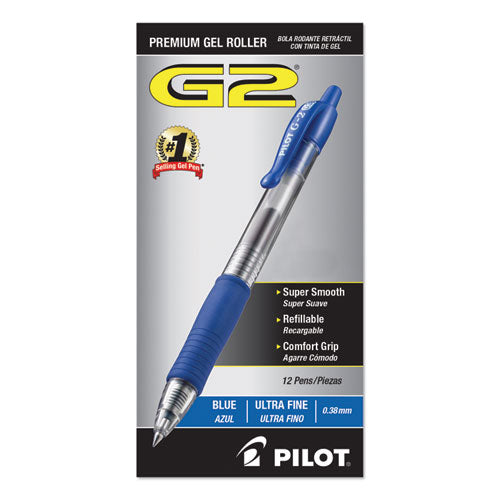 Image of Pilot® 31278 G2 Premium Gel Pen Convenience Pack, Retractable, Extra-Fine 0.38 mm, Blue Ink, Smoke/Blue Barrel, Dozen