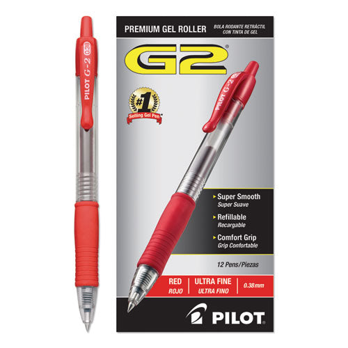 Image of Pilot® 31279 G2 Premium Gel Pen, Retractable, Extra-Fine 0.38 mm, Red Ink, Smoke/Red Barrel