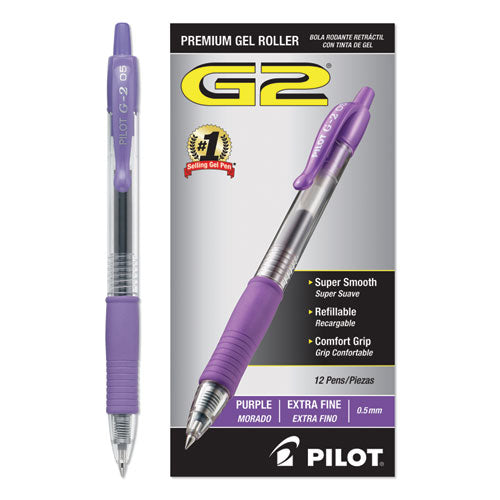 Image of Pilot® 31006 G2 Premium Gel Pen, Retractable, Extra-Fine 0.5 mm, Purple Ink, Smoke/Purple Barrel, Dozen