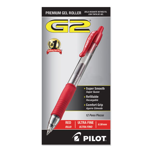 Image of Pilot® 31279 G2 Premium Gel Pen, Retractable, Extra-Fine 0.38 mm, Red Ink, Smoke/Red Barrel