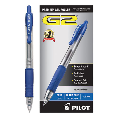 Image of Pilot® 31278 G2 Premium Gel Pen Convenience Pack, Retractable, Extra-Fine 0.38 mm, Blue Ink, Smoke/Blue Barrel, Dozen
