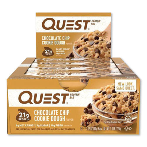 Image of Quest® QUN00003 Protein Bars, Chocolate Chip Cookie Dough, 2.12 Oz Bar, 12 Bars/box
