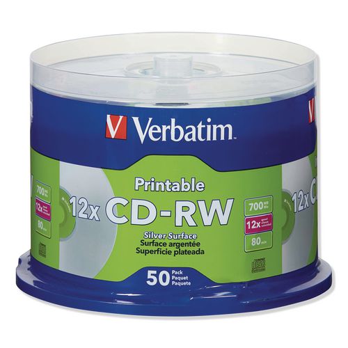 Image of Verbatim® 95159 Cd-Rw Datalifeplus Printable Rewritable Disc, 700 Mb/80 Min, 12x, Spindle, Silver, 50/pack