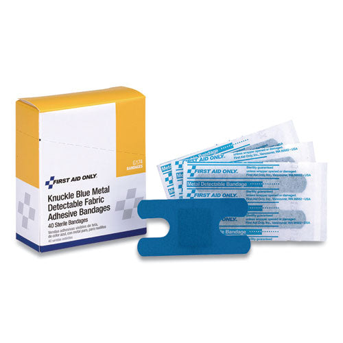 Image of First Aid Only Blue Metal Detectable Fabric Adhesive Bandages, Four-Wing Knuckle, 1.5 X 3, 40/box