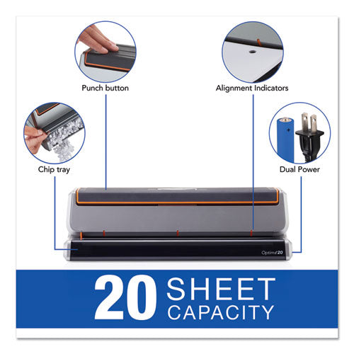 Image of Swingline® A7074520 20-Sheet Optima 20 Electric Punch, Three-Hole, 9/32" Holes, Silver/black