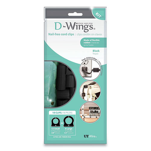 Image of UT Wire® UTW-D18-BK D-Wings Nail-Free Cord Clips, 12 Small 0.38", Six Large 0.5", Black, 18/pack
