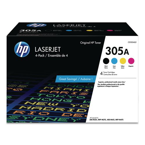 Image of HP CE305AQ1 HP 305a, (ce305a-Q) 4-Pack Black/cyan/magenta/yellow Original Laserjet Toner Cartridges
