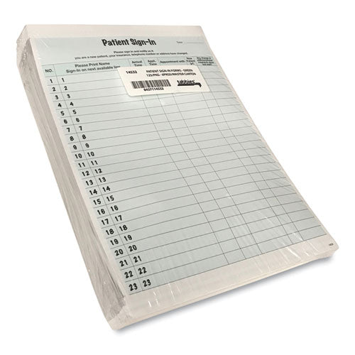 Image of Tabbies® TAB14532 Patient Sign-In Label Forms, Two-Part Carbon, 8.5 x 11.63, Green Sheets, 125 Forms Total