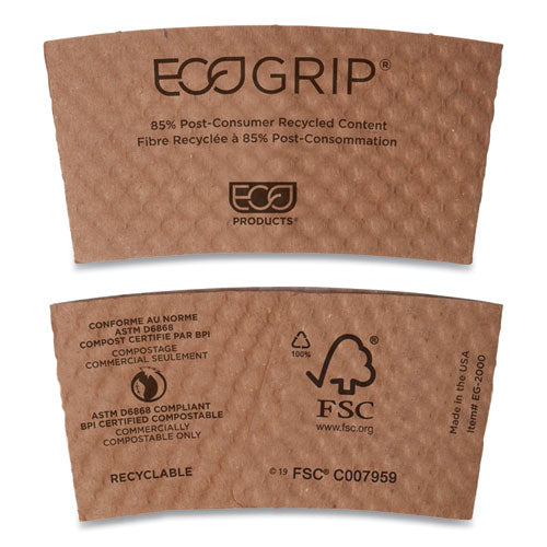 Image of Eco-Products® EG-2000 EcoGrip Recycled Content Hot Cup Sleeve, Fits 12, 16, 20, 24 oz Cups, Kraft, 1,300/Carton