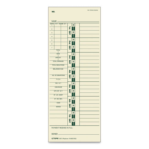 Image of TOPS 1257 Time Clock Cards, Replacement For 10-800762, Two Sides, 3.5 X 9, 500/box