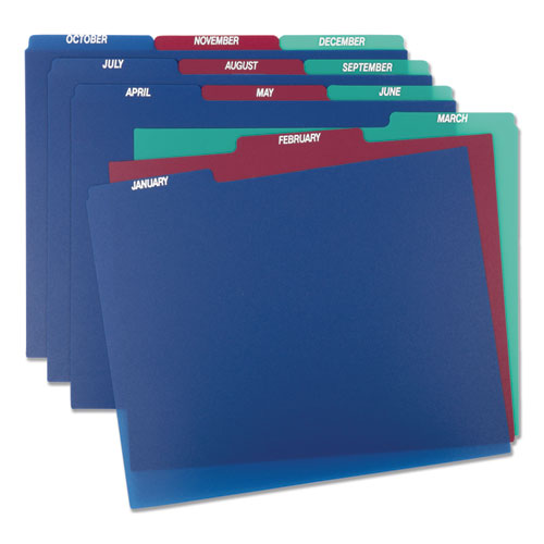 Image of Pendaflex® 40144 Poly Top Tab File Guides, 1/3-Cut Top Tab, January To December, 8.5 X 11, Assorted Colors, 12/set