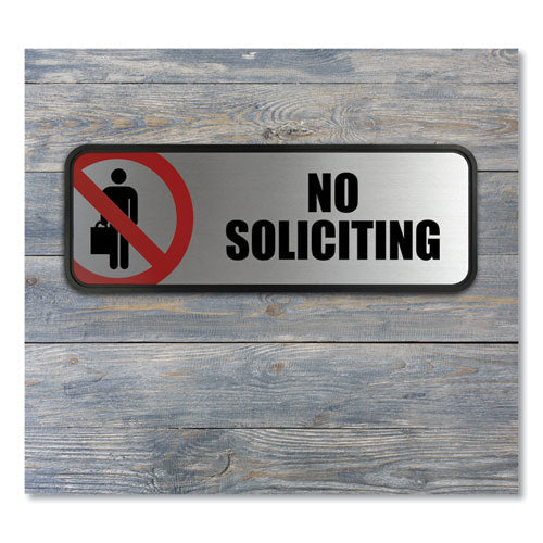 Image of COSCO 098208 Brushed Metal Office Sign, No Soliciting, 9 X 3, Silver/red