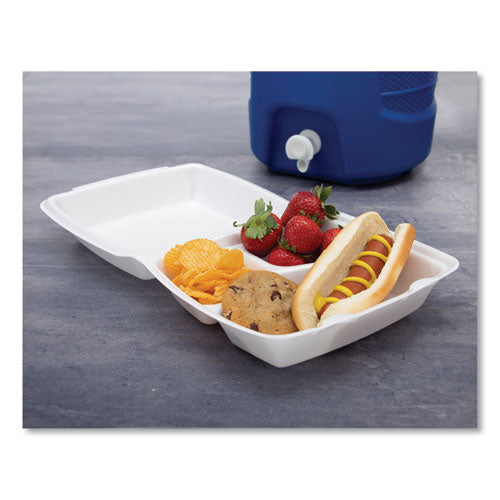 Image of Dart® 85HT3R Foam Hinged Lid Containers, 3 Compartments, 8.38 x 7.78 x 3.25, 200/Carton