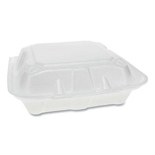 Image of Pactiv Evergreen YTD188030000 Vented Foam Hinged Lid Container, Dual Tab Lock, 3 Compartments, 8.4 x 8 x 3, White, 150/Carton