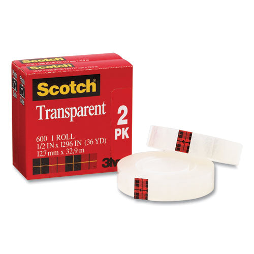 Image of Scotch® 600H2 Transparent Tape, 1" Core, 0.5" X 36 Yds, Crystal Clear, 2/pack