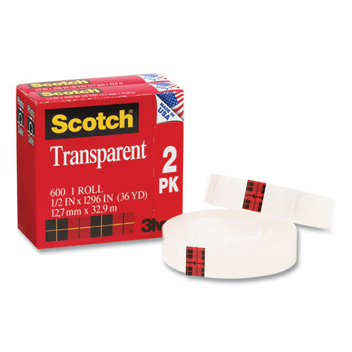 Image of Scotch® 600H2 Transparent Tape, 1" Core, 0.5" X 36 Yds, Crystal Clear, 2/pack
